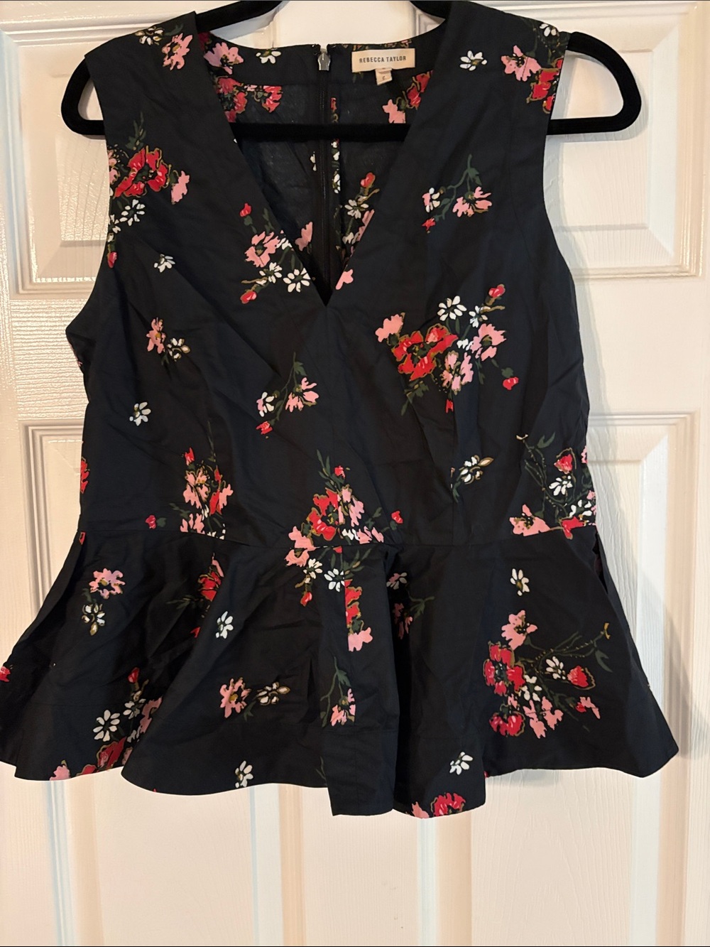 Rebecca Taylor Navy Blue Floral Peplum Top with Pink and Red Blooms